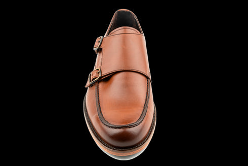 Men's Classy, Moc Toe, Leather Double Monk Strap Shoes in Tan